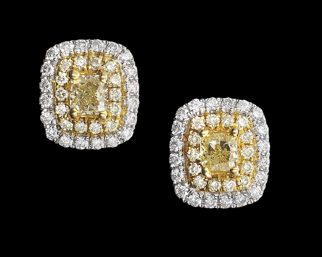 Yellow and White Diamond Earrings: Yellow and White Diamond Earrings 14k white/yellow gold, the earrings mounted in the center with a cushion-cut fancy yellow diamond weighing approximately 0.34 carats in total, surrounded by a halo of