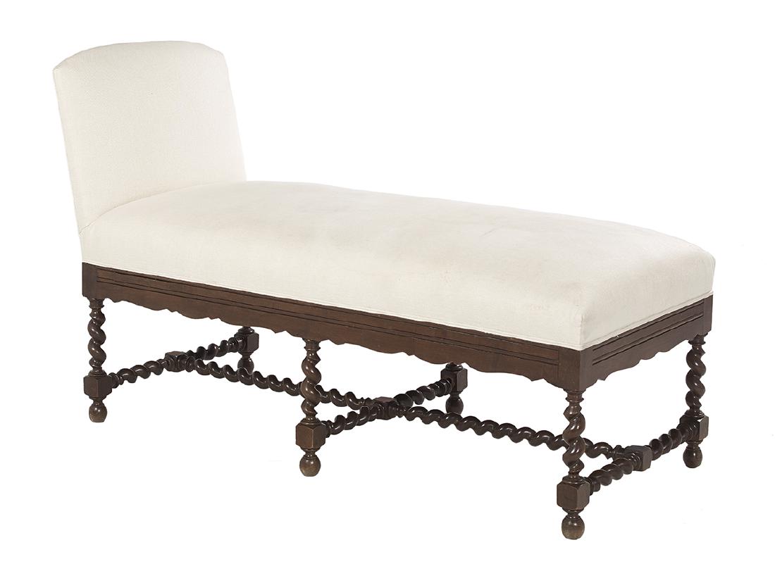 Elizabethan-Style Fruitwood Chaise Longue: Elizabethan-Style Fruitwood Chaise Longue 18th century, having six spiral-twist legs joined by similar spiral-twist block-and-turned stretchers, the head end fitted with a pull-out candle shelf on eac