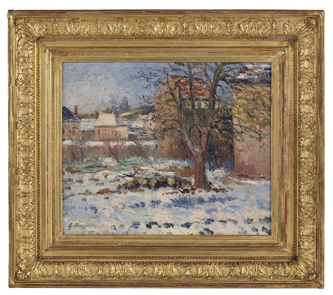 Georges Manzana Pissarro (French, 1871-1961): Georges Manzana Pissarro (French, 1871-1961) "Effet de Neige, Nezel", 1906 oil on canvas signed lower left, titled and dated on stretcher. Framed. 21-5/8" x 25-1/2", framed 33" x 37-3/8" Provenance: S
