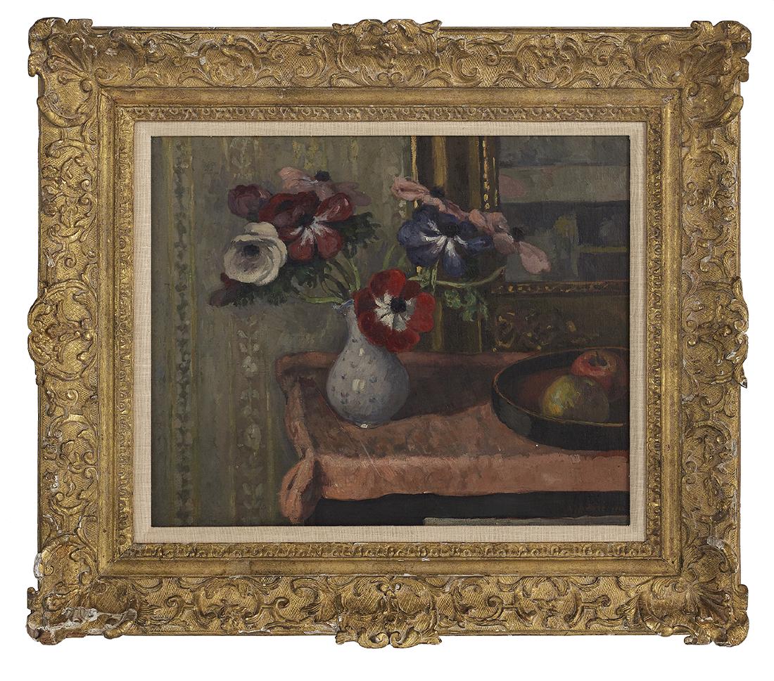 Albert Andre (French, 1869-1954): Albert Andre (French, 1869-1954) "Nature Morte: Vase de Fleurs et Fruits Sur Une Table", 1910 oil on canvas signed and dated "1910" lower right, verso with a "Collection of Arthur G. Altschul" label.