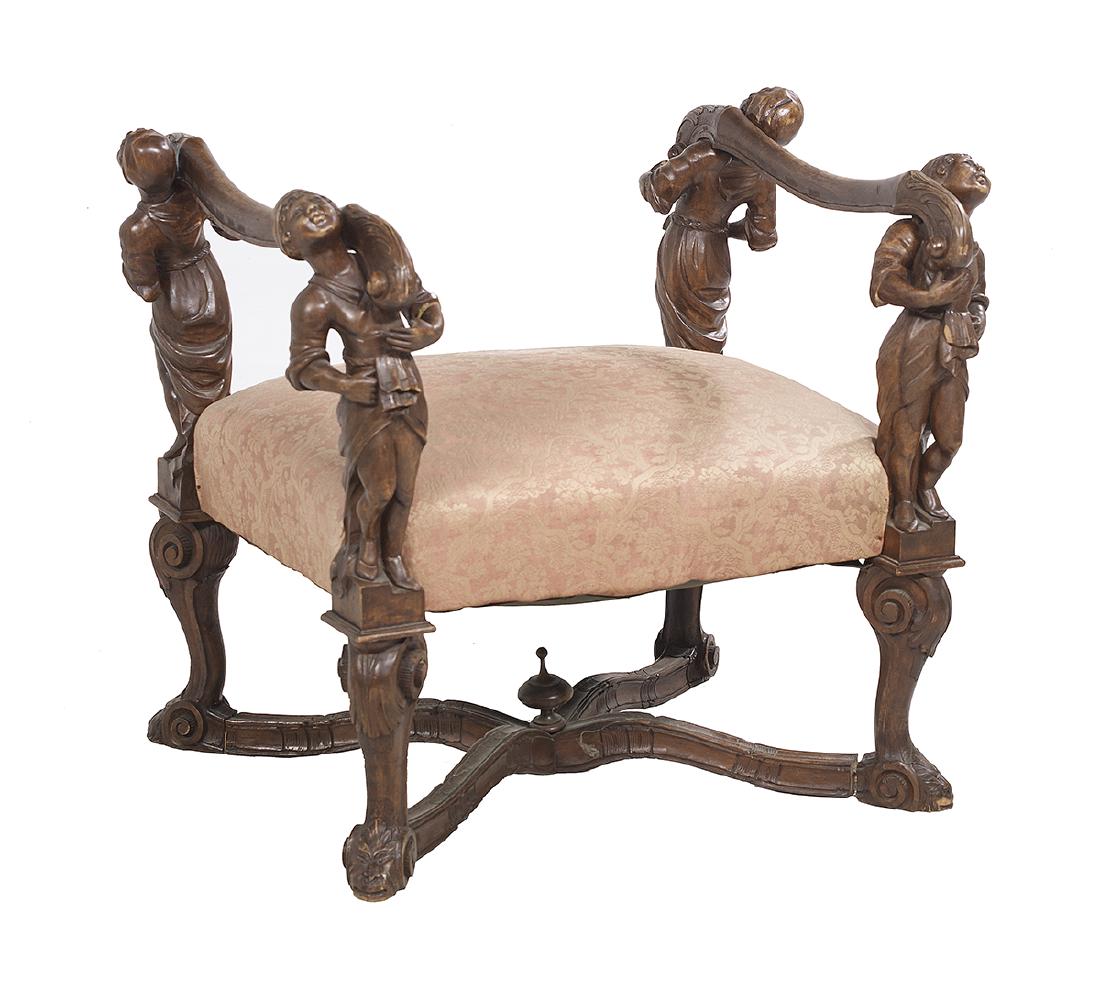 Italian Carved Walnut Figural Bench (1 of 1)