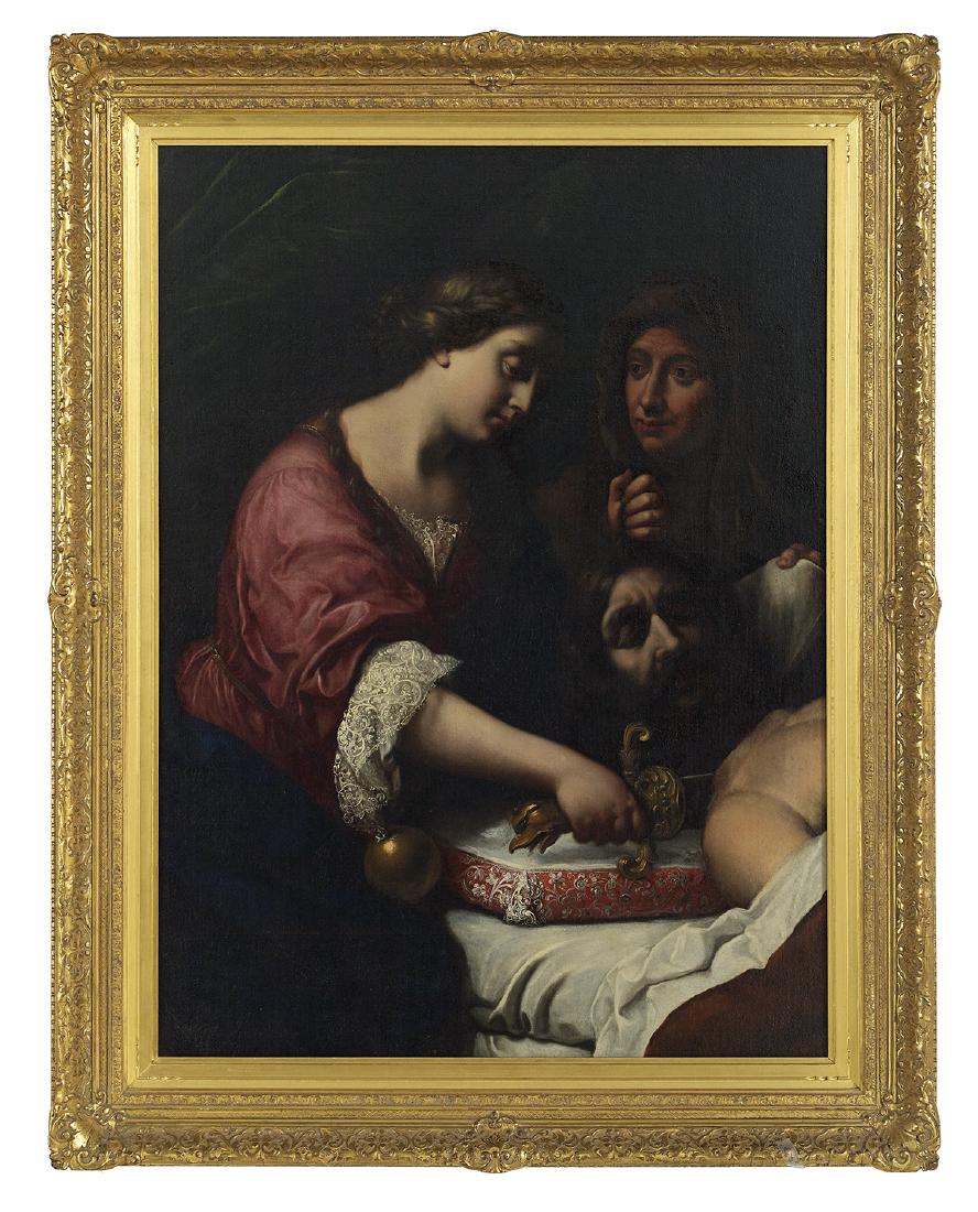 Attributed to Onorio Marinari (Italian, 1627-1715): Attributed to Onorio Marinari (Italian, 1627-1715) "Judith and Holofernes" oil on canvas laid down on masonite unsigned, a "Dominion Gallery" stamp and Christie's labels en verso of masonite and frame
