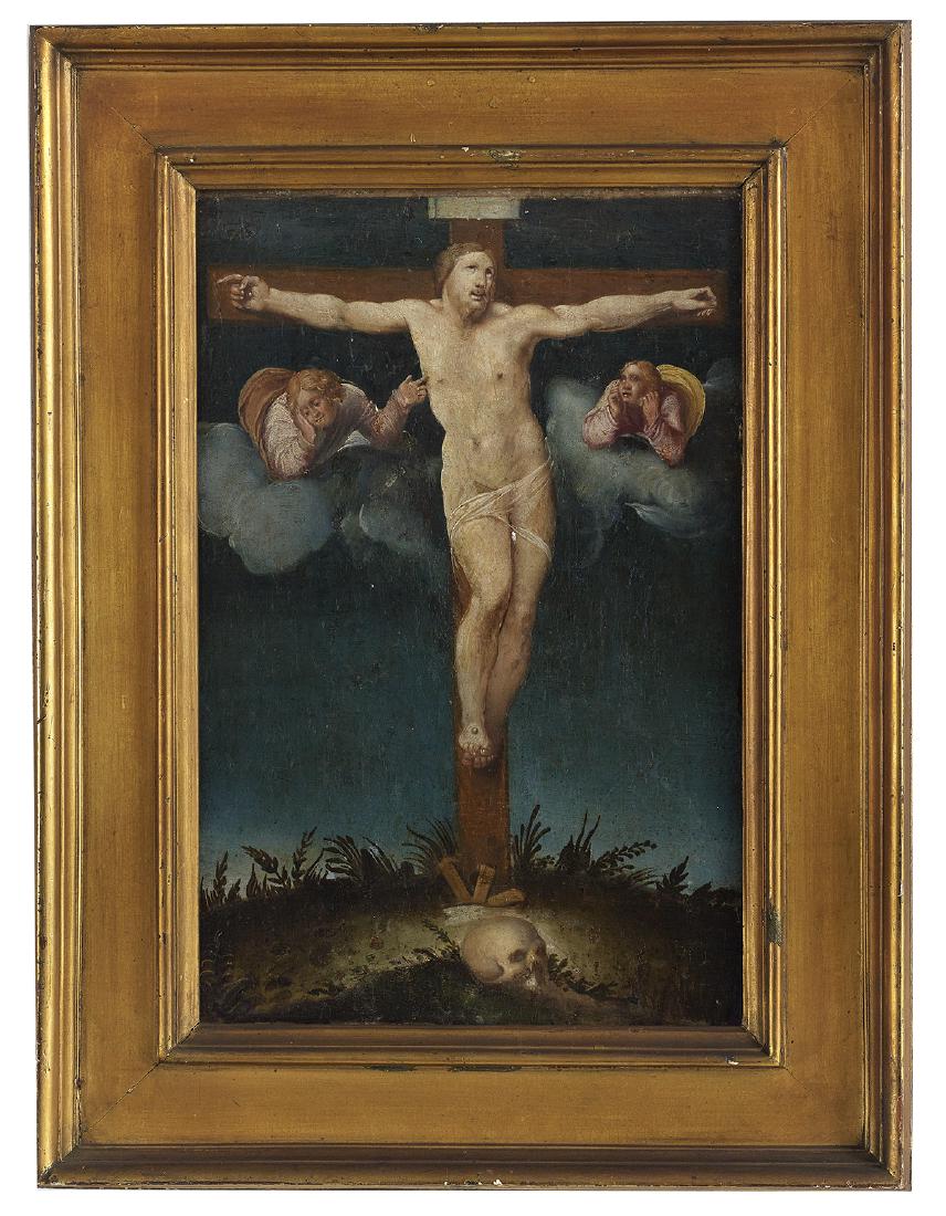 Circle of Mar. Venusti (Italian, 1512/15-1579): Circle of Marcello Venusti (Italian, 1512/1515-1579) "The Crucifixion" oil on wood panel with cradled board backing, after Michelangelo's drawing for Vittoria Colonna, verso with various labels with n