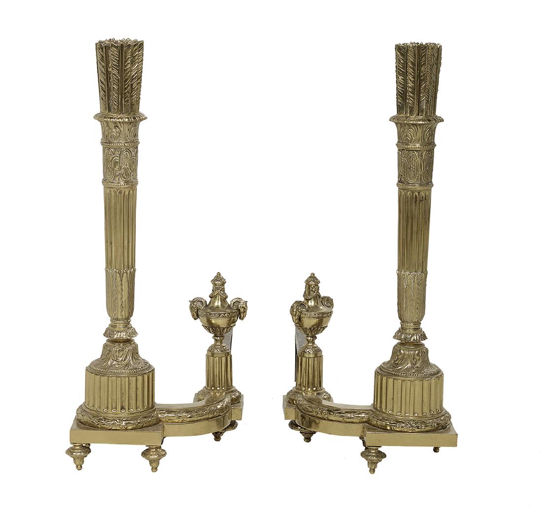 Pair of Louis XVI-Style Bronze Andirons: Pair of Louis XVI-Style Bronze Andirons ca. 1900, the standards shaped like fluted quivers of arrows, set with urn-form log stops. h. 26", w. 11", d. 25"