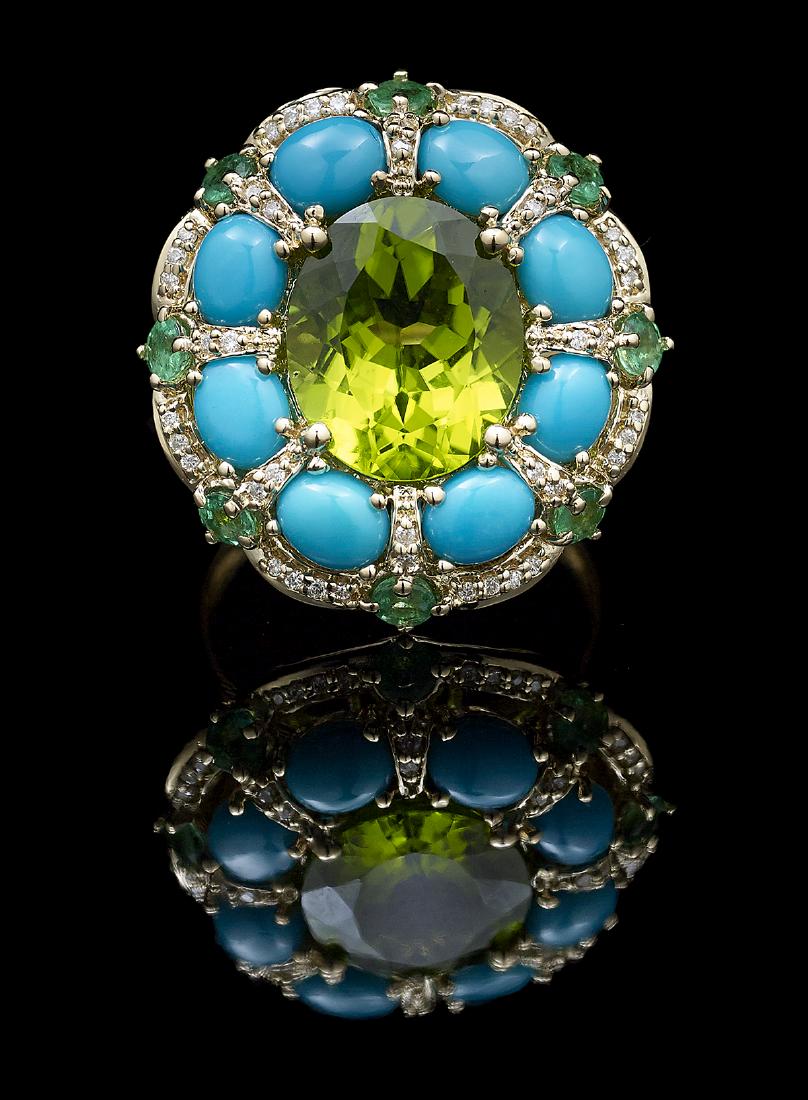 Peridot, Turquoise, Emerald and Diamond Ring