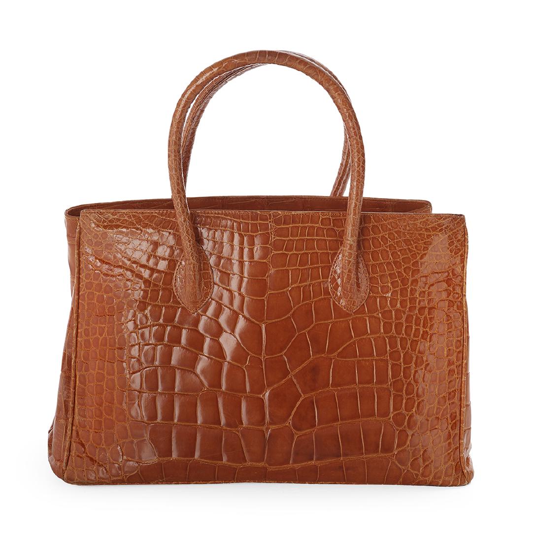Alexandra Knight Orange Alligator "Taylor" Tote: Alexandra Knight Orange Glaze Alligator "Taylor" Tote with brushed silver hardware and rolled handles, the open matching kidskin-lined interior with a zippered pocket brushed silver metal-labeled "Ale