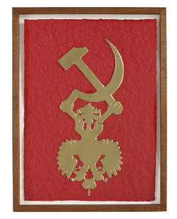 Leonid Sokov (Russian, 1941-2018): Leonid Sokov (Russian, 1941-2018) "Hammer and Sickle" print with mixed media on paper pencil-signed lower right and numbered "10/99" lower left. Float-mounted, glazed and framed. 30-1/2" x 22-1/4", fr