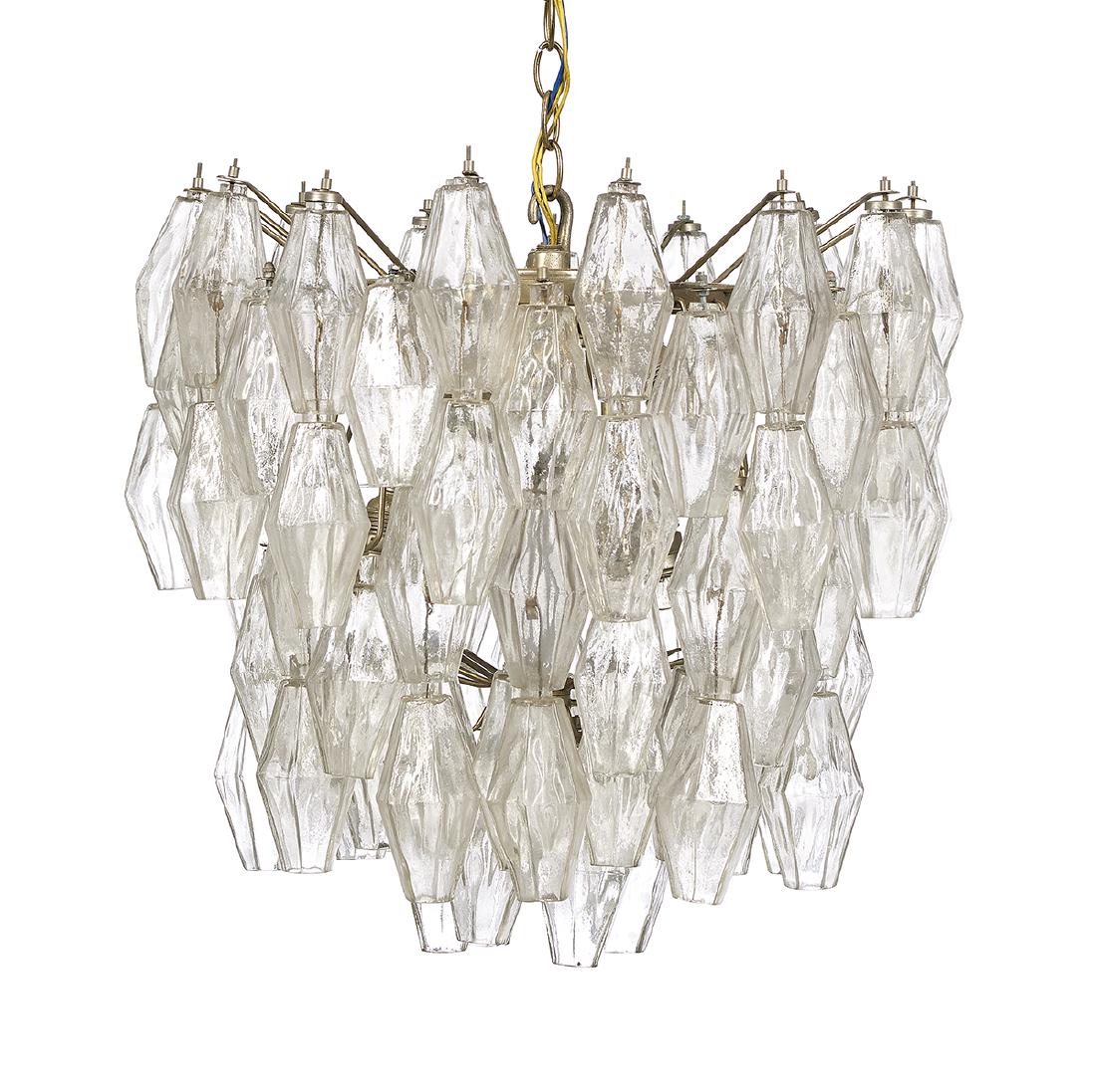 Venini Poliedri Glass Chandelier: Venini Poliedri Glass Chandelier ca. 1960s, Murano, the six-light chandelier designed by Carlo Scarpa and retaining its original level, set with interior light sockets on two levels. h. 19-1/2", dia. 