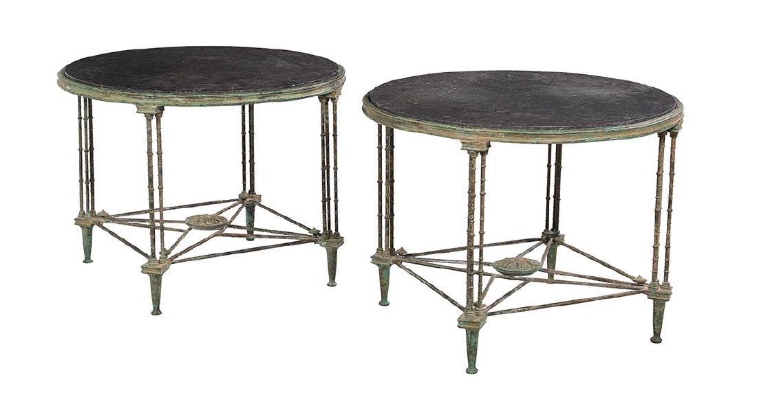 Pair of Contemporary Stone-Top Center Tables: Pair of Contemporary Cast Bronze and Stone-Top Center Tables each with an inset circular gray stone top in a shaped apron, supported by tiered legs, each modeled as a cluster of three bamboo stems, jo