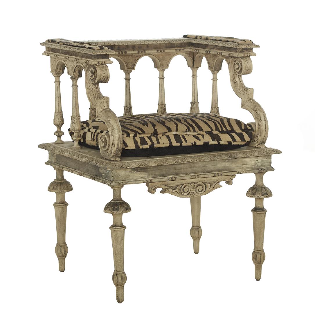 Italian Renaissance-Style Bone-Inlaid Armchair: Italian Renaissance-Style Bleached Walnut and Bone-Inlaid Armchair ca. 1900, the top of the back having a bone-inlaid panel, and supported by turned and carved spindles, raised on turned trumpet-form 