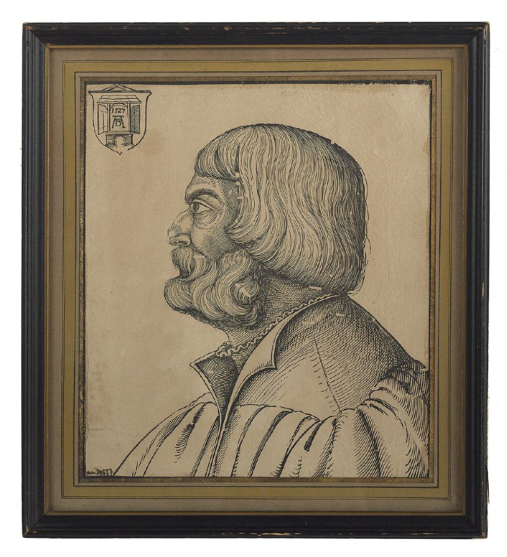 Erhard Schon (German, ca. 1491-1542): Erhard Schon (German, ca. 1491-1542) "Head of Albrecht Durer in Profile to the Left" woodcut date in cartouche upper left and lower right, added later. Matted, glazed and framed. sight 11-3/8" x 9-7/8