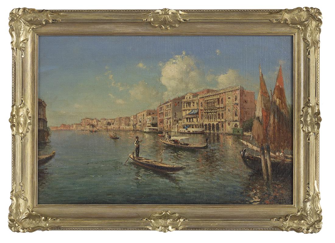 Nicholas Briganti (American/Italian, 1861-1944): Nicholas Briganti (American/Italian, 1861-1944) "Venetian Canal Scene with Gondoliers" oil on canvas signed lower right. Framed. 20" x 30", framed 25-1/2" x 35-1/2"