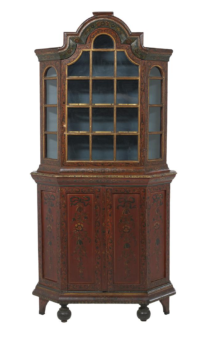 Continental Polychrome Cabinet: Continental Polychrome Cabinet late 19th century, probably Swiss, the molded and domed cornice above a floral-painted frieze and an astragal-glazed door, with canted glazed sides, the lower section fi