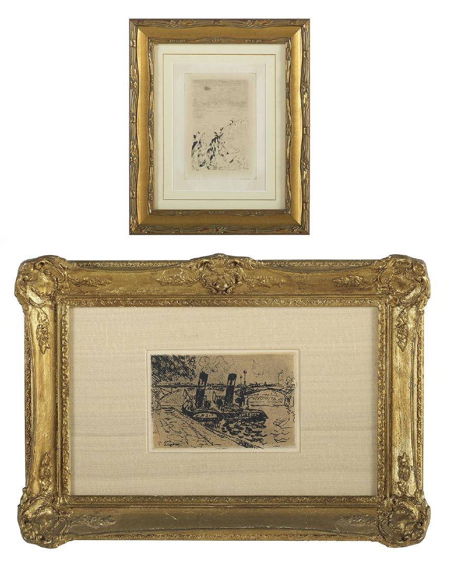 Pierre-Auguste Renoir (French, 1841-1919): Pierre-Auguste Renoir (French, 1841-1919) "Sur la Plage a Berenval", 1892 etching on laid paper signed lower right in plate, 5-1/4" x 3-3/8"; together with Paul Signac (French, 1863-1935), "Remorques 