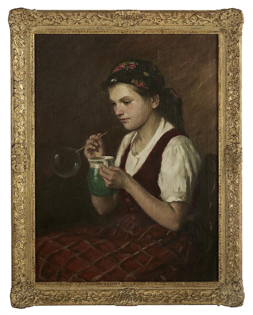 Lajos Rezes Molnar (Hungarian, 1896-1989): Lajos Rezes Molnar (Hungarian, 1896-1989) "Young Girl Blowing a Bubble" oil on canvas signed lower left. Framed. 31-1/2" x 23-1/2", framed 37" x 29"