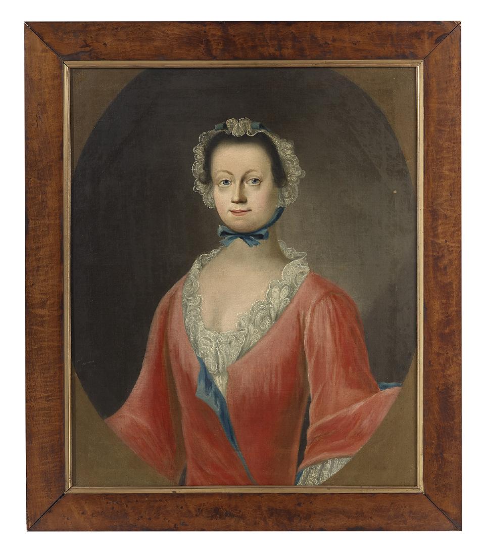 British School (Late 18th Century): British School (Late 18th Century) "Portrait of a Lady" oil on canvas unsigned, a "Michael Davis/Surrey" label en verso frame. Framed. 29" x 24", framed 34" x 29-1/2" Provenance: Estate of Dr. Carroll