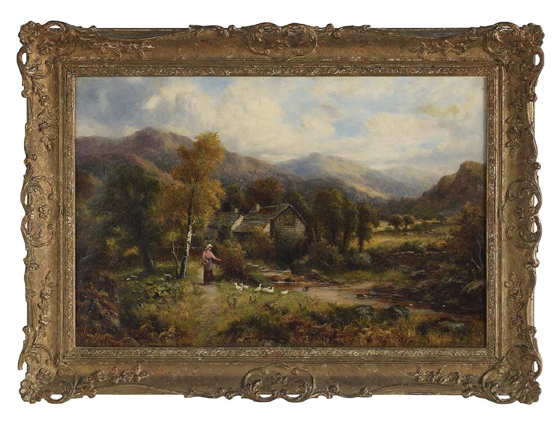 William Langley (British, 1852-1922): William Langley (British, 1852-1922) "Feeding Geese by the Mill, Capel Curig, Wales" oil on canvas signed lower right, a London canvas supplier stamp and pencil inscription en verso. Framed. 16" x 24"