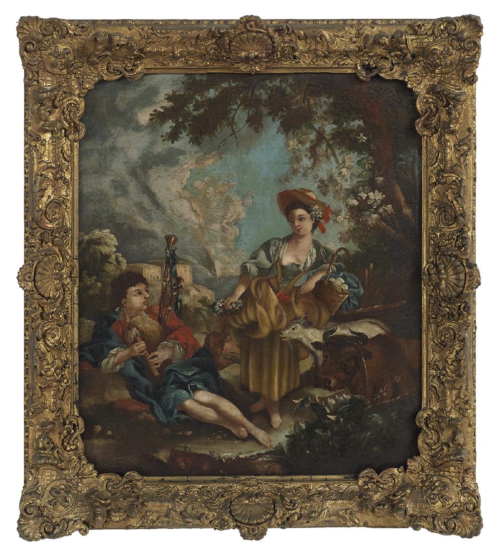 Follower of Francois Boucher (French, 1703-1770): Follower of Francois Boucher (French, 1703-1770) "Pastoral Scene with a Shepherd and a Shepherdess" oil on canvas unsigned. Antique giltwood frame. 26-1/4" x 22-1/4", framed 31-1/2" x 28"