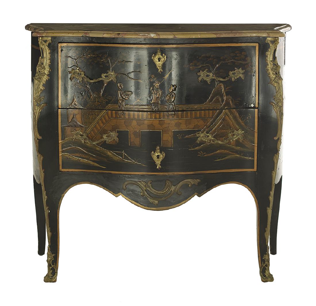 Louis XV-Style Chinoiserie-Decorated Commode: Louis XV-Style Chinoiserie-Decorated and Marble-Top Commode early 20th century, the shaped breche d'Alep marble top above a conforming case fitted with two long drawers, the legs with bronze mounts. h