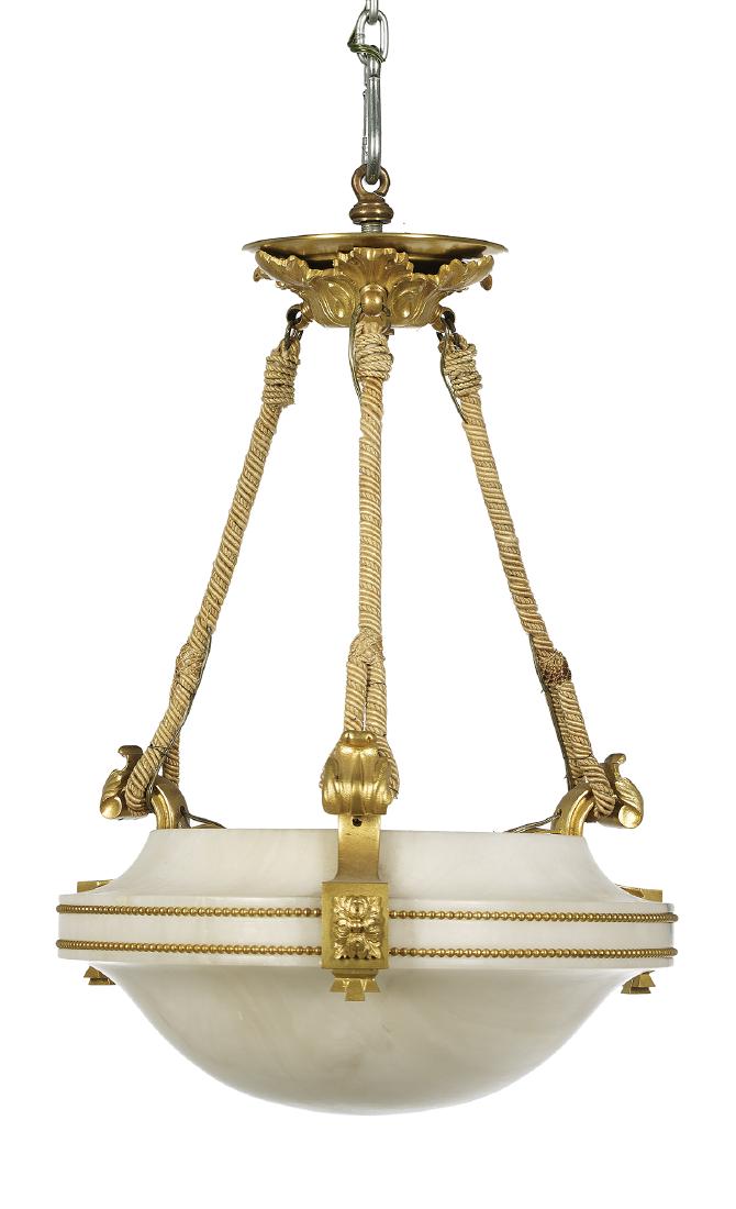 Italian Alabaster and Gilt-Bronze Chandelier: Italian Alabaster and Gilt-Bronze Chandelier second quarter 20th century, with an alabaster pan concealing three light sockets, trimmed with gilt beading, supported on leaf-molded bronze hooks. h. 20"