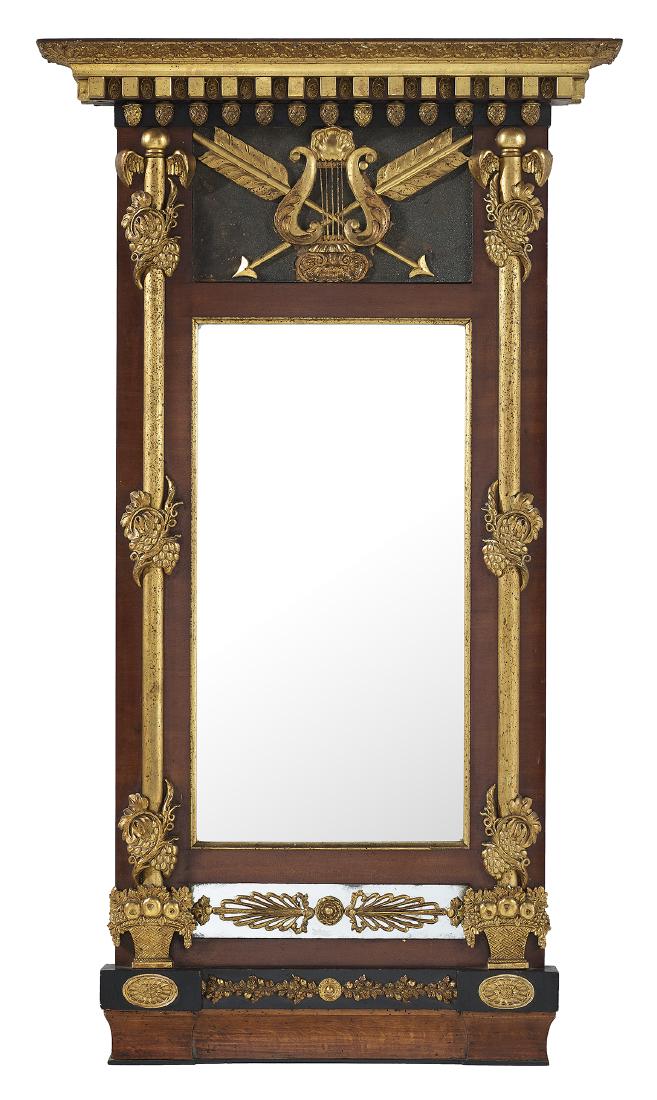 Biedermeier-Style Mahogany Mirror: Biedermeier-Style Mahogany Mirror late 19th century, German, decorated with a tablet depicting a gilt lyre crossed with arrows, a giltwood dentillated cornice and colonettes on each side terminating i