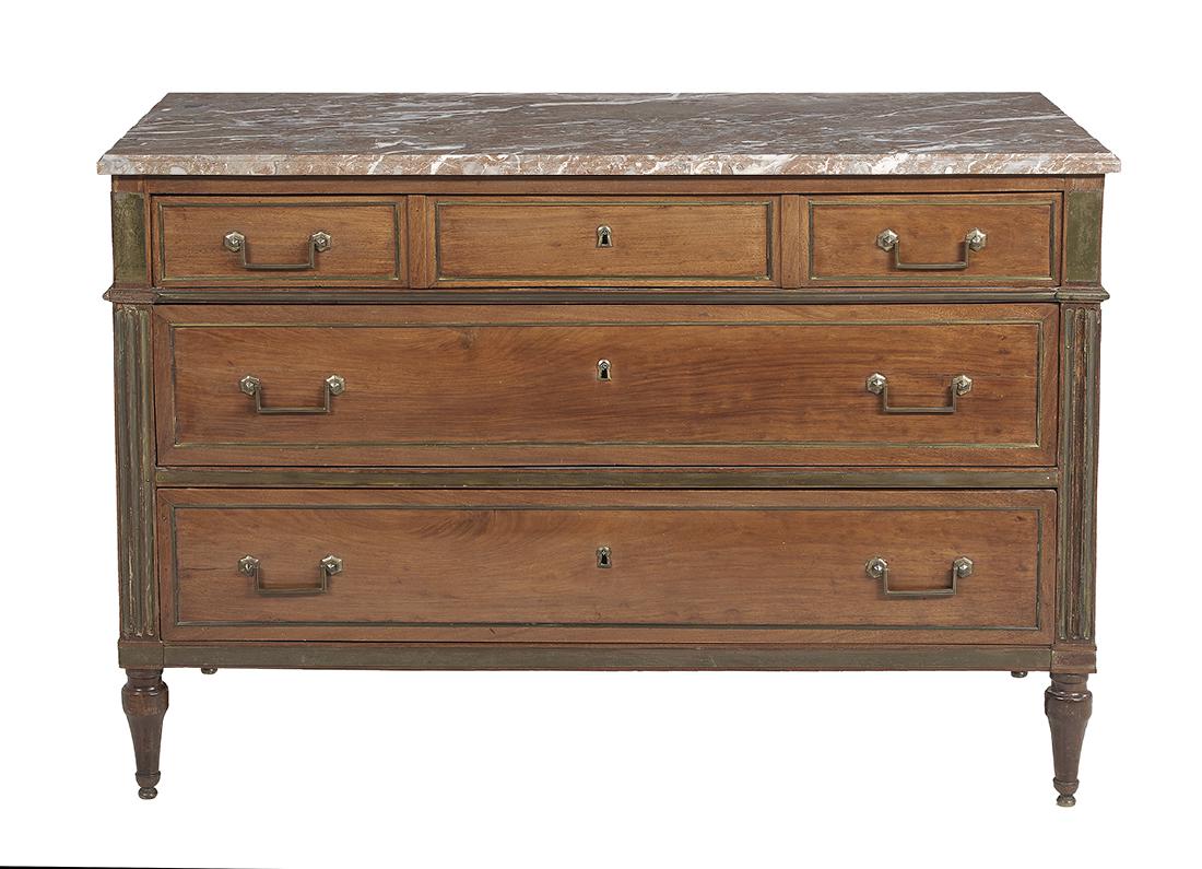 Louis XVI-Style Mahogany and Marble-Top Commode: Louis XVI-Style Mahogany and Marble-Top Commode late 19th century, the rectangular marble top with a molded edge, above a conforming case fitted with one frieze drawer faced as three short drawers, ov