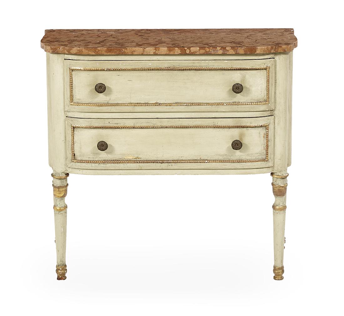 French Polychrome and Marble-Top Commode: French Polychrome, Parcel-Gilt and Marble-Top Commode ca. 1900, the shaped marble top over a conforming case fitted with a pair of long drawers with beaded trim, raised on turned legs. h. 32", w. 34",