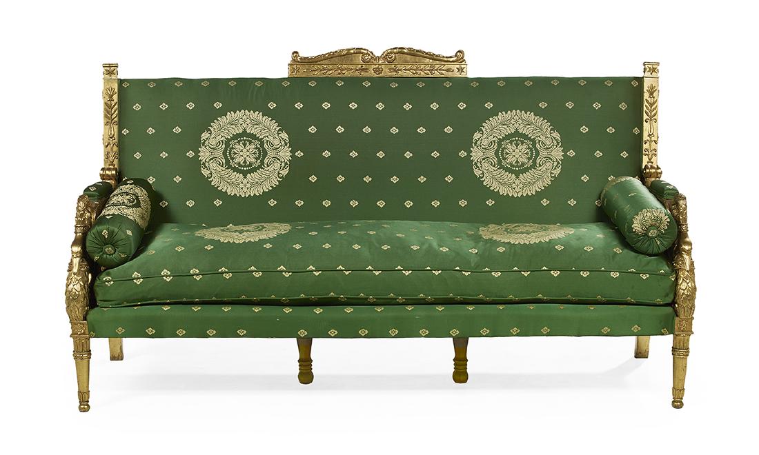 Empire-Style Giltwood Settee: Empire-Style Giltwood Settee the padded rectangular back surmounted by a central shaped laurel-carved crest, joined by padded arms on an elaborate swan upright to the cushioned seat, raised on ring-tu