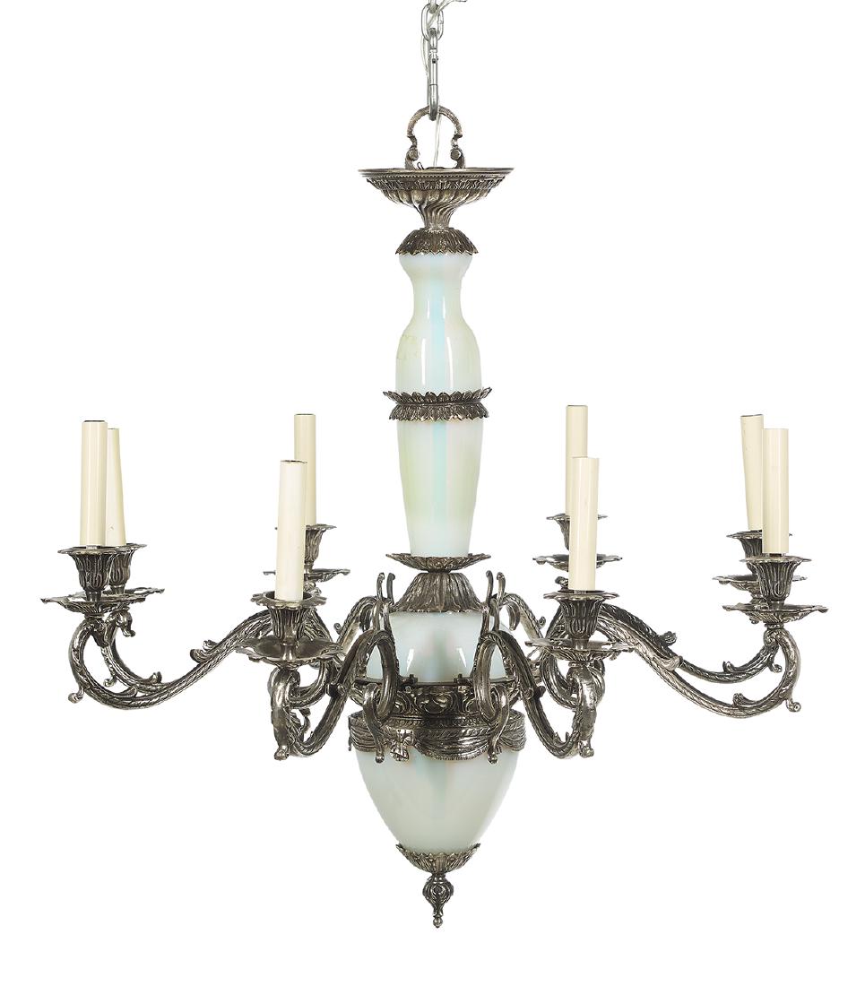 Silver-Plate and Opaline Eight-Light Chandelier: Silver-Plate and Opaline Eight-Light Chandelier of rococo inspiration, the standard set with opaline glass, the leaf-molded candle branches supporting molded and pierced candle sockets. h. 27", dia. 2