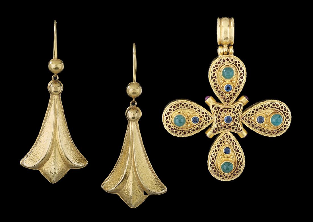 Lalaounis Earrings and Cross Pendant: Lalaounis Earrings and Cross Pendant 18k yellow gold, the earrings with a textured gold finish, stamped "Greece, 750, A21" and with the Lalaounis mark, l. 2-3/8", and the cross pendant with open filig