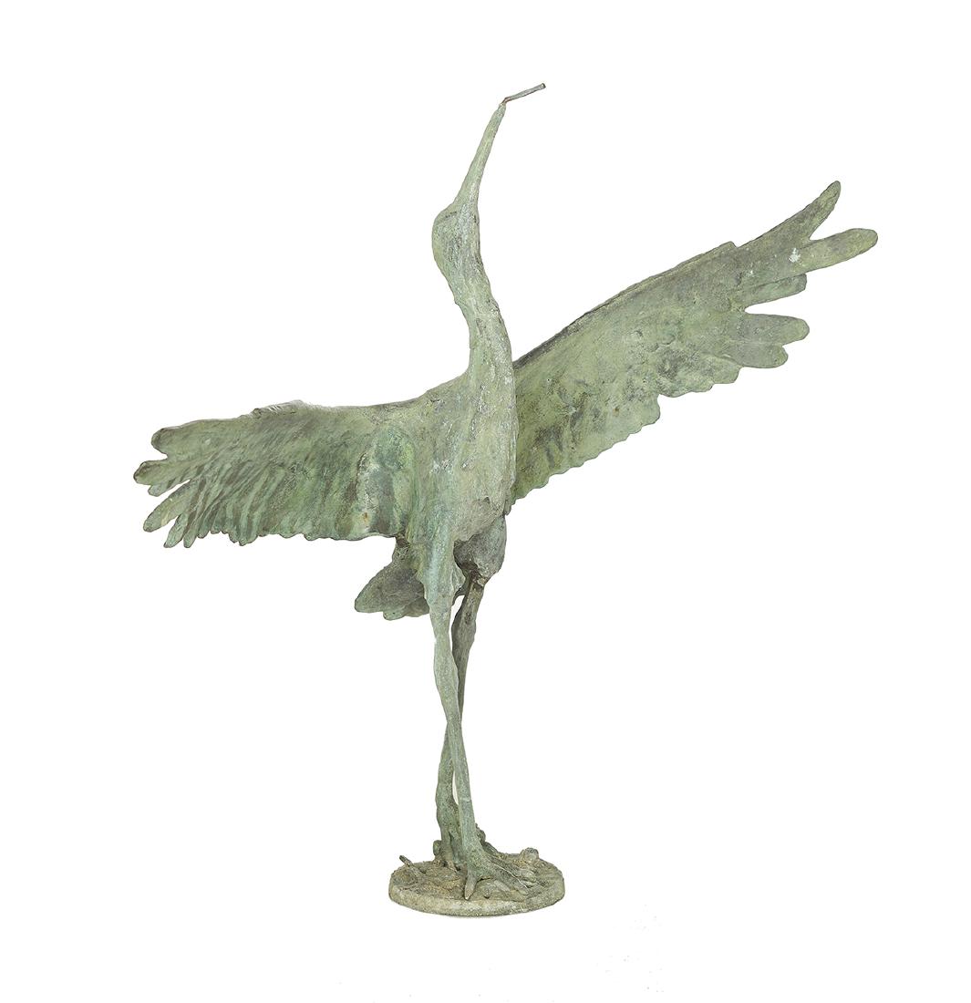Bronze Heron Fountain Figure: Bronze Heron Fountain Figure 20th century, the displayed bird with an upturned beak, fitted with a tube for water. h. 32", w. 36", d. 9" Provenance: Estate of Jean and Jack Kelley, Tulsa, Oklahoma.