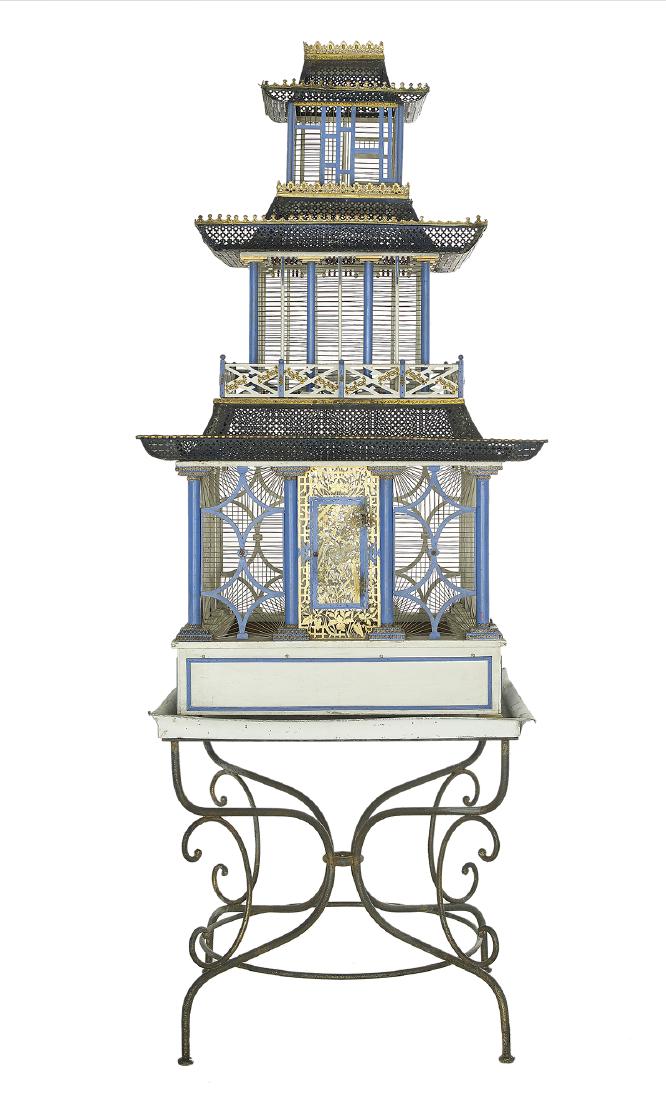 Chinoiserie Metal and Wood Pagoda-Form Birdcage: Impressive Chinoiserie Metal and Wood Pagoda-Form Birdcage 20th century, with pierced metal roofs with gilt edging, a Chinese Chippendale balcony and a door pierced with a bird and bamboo. h. 94", w. 