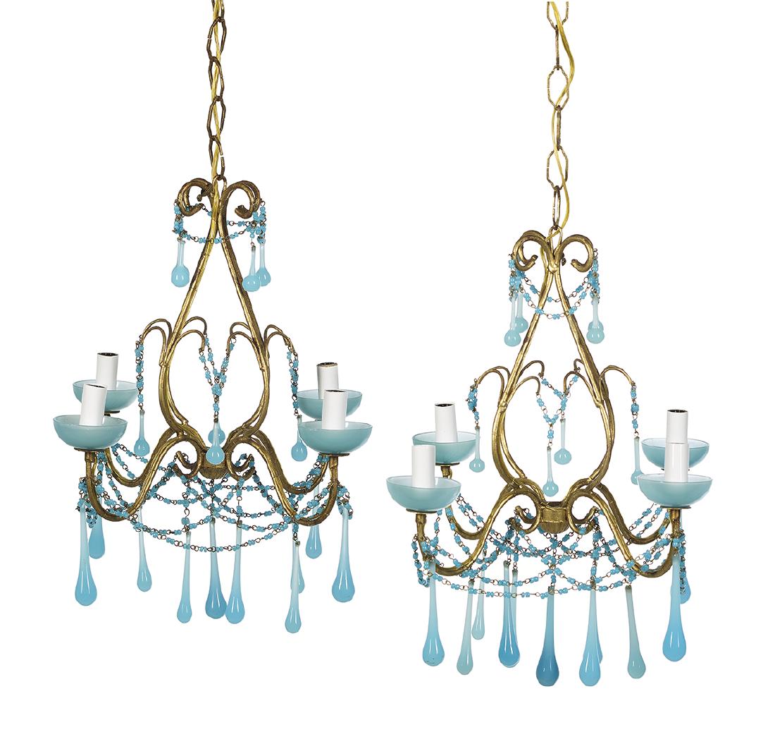 Pair of Gilt-Metal and Blue Opaline Chandeliers: Pair of Gilt-Metal and Blue Opaline Chandeliers 20th century, each with a gilt-metal frame hung with swags of opaline beads and drops, and mounted with opaline drip pans. h. 18", dia. 12"
