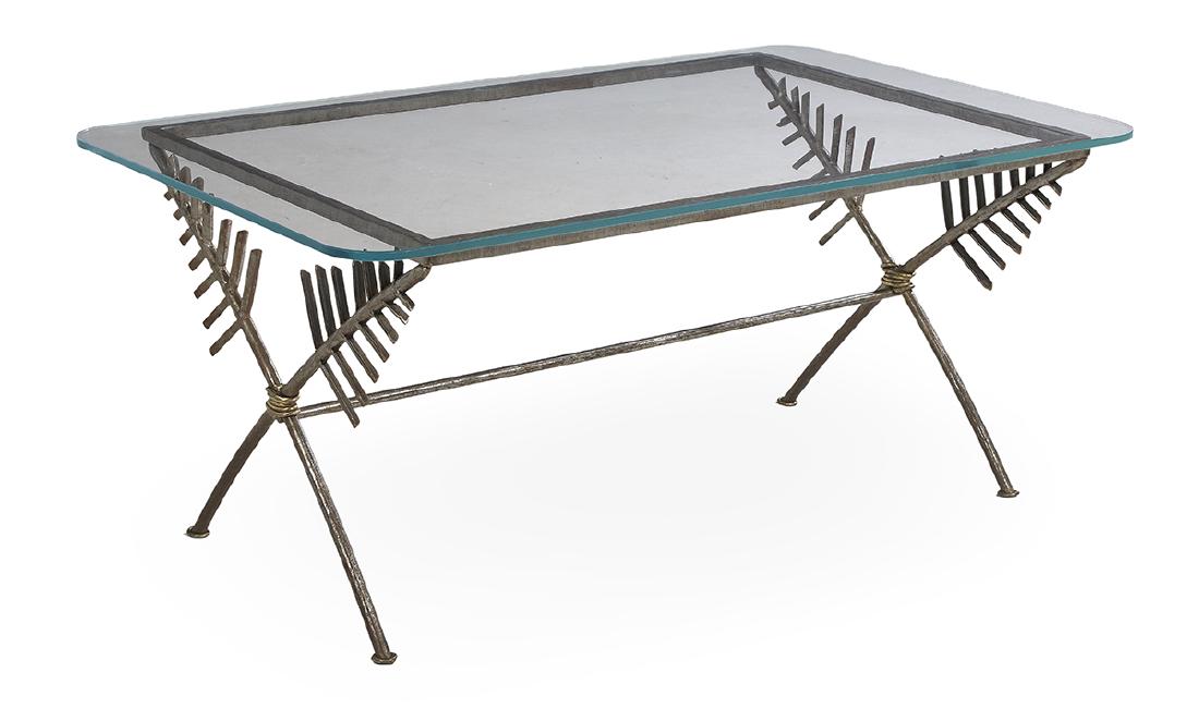 Mario Villa Steel, Brass and Glass Cocktail Table: Mario Villa Brushed Steel and Brass-Bound Glass-Top Cocktail Table in the neoclassical taste, the ends with crossed fern leaves joined by a steel bar stretcher. h. 22", w. 50", d. 31"
