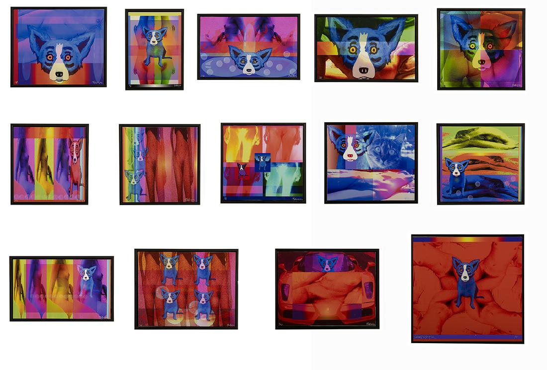George Rodrigue (American/Louisiana, 1944-2013): George Rodrigue (American/Louisiana, 1944-2013) "Blue Dog and Female Nudes" 15 remastered digital screen prints each signed and numbered "1/5" either lower right or left. Matching frames. ranging from