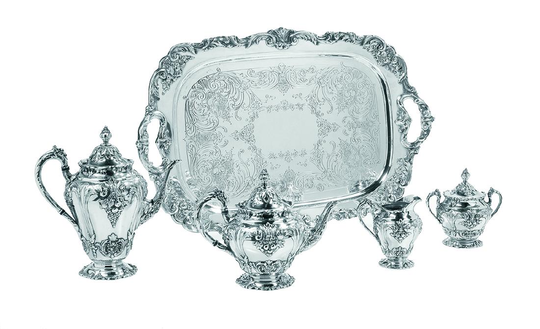 Reed & Barton "Renaissance" Silverplate Tea Set: Five-Piece Reed & Barton "Renaissance" Silverplate Coffee & Tea Set mid-20th century, Taunton, Massachusetts, including a coffeepot, h. 11-1/2", a teapot, h. 8-1/2", a covered sugar bowl, h. 6-1/2", a