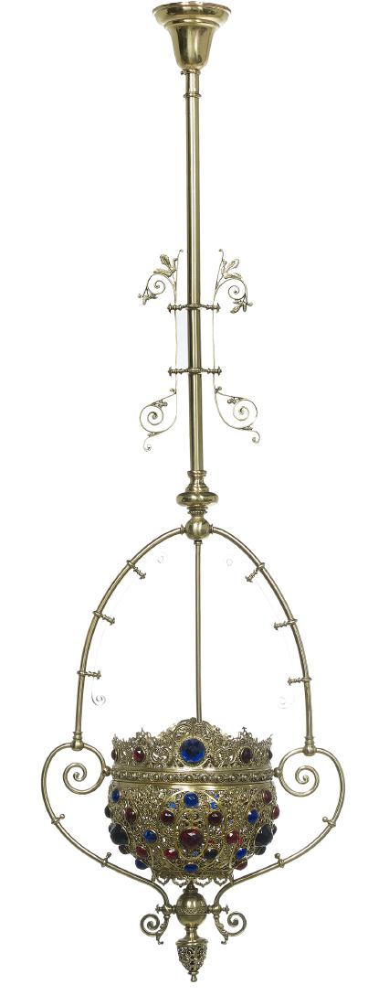 Renaissance Revival Brass and Glass Hall Lantern: Renaissance Revival Brass and Glass Hall Lantern fourth quarter 19th century, probably American, the inverted bowl-form fixture decorated with delicately pierced scrollwork, Islamic arches and scatter