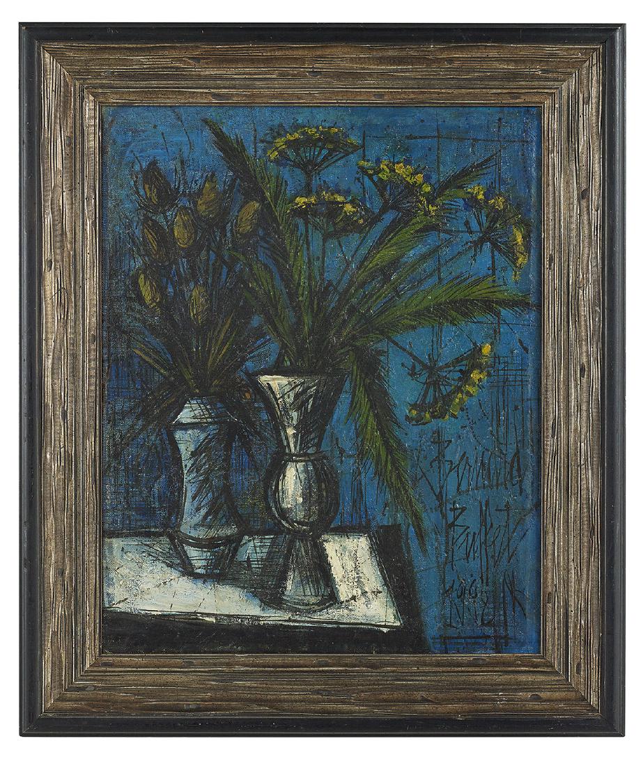 After Bernard Buffet (French, 1928-1999): After Bernard Buffet (French, 1928-1999) "Still Life of Flowers in Two Vases", 1998 oil on canvas signed and dated lower right. Framed. 26-1/2" x 21", framed 33-1/2" x 28-1/2"