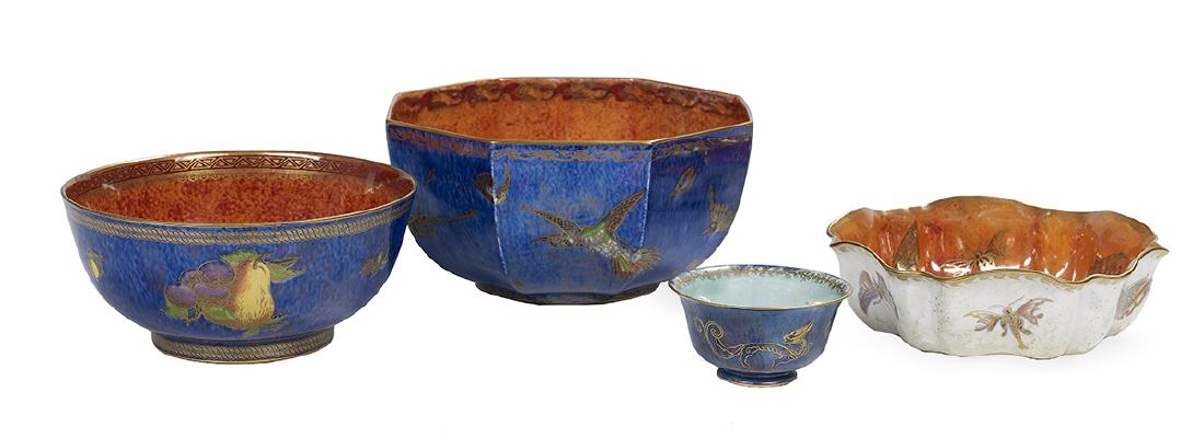 Four English Wedgwood Fairyland Lustre Bowls: Four English Wedgwood Fairyland Lustre Bowls ca. 1915-1930, including an octagonal punch bowl with a hummingbird pattern on a blue ground and a flame orange interior, marked with the Portland Vase mar