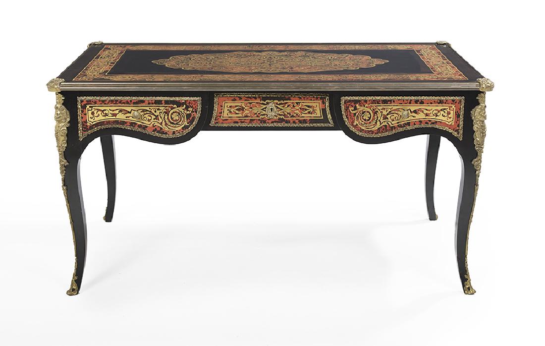 Louis XV-Style Ebonized Bureau Plat: Louis XV-Style Ebonized and Faux Boulle Bureau Plat the rectangular top with banding and a central panel simulating Boullework, within an ormolu band with corner accents, above a frieze fitted with th
