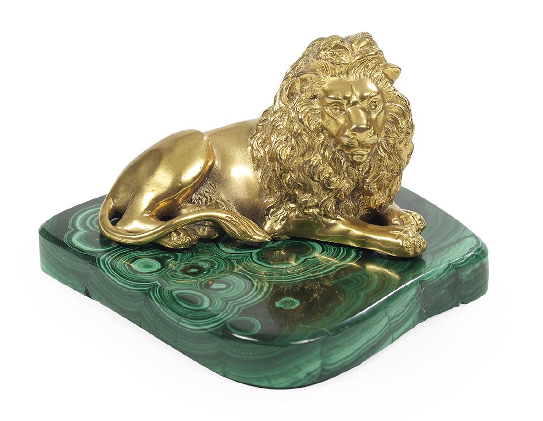 Gilt-Bronze Recumbent Lion on a Malachite Base (1 of 2)