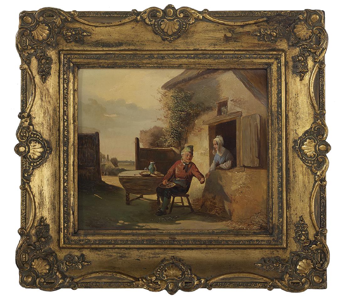 Willem Linnig, Elder (Belgium, 1819-1885): Willem Linnig the Elder (Belgium, 1819-1885) "The Courtship" oil on panel signed lower left. Period frame. 12-1/2" x 14-1/2", framed 20" x 22"