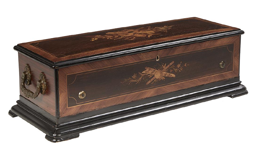Swiss Twelve-Tune Cylinder Music Box: Swiss Twelve-Tune Cylinder Music Box fourth quarter 19th century, the case with inlaid panels of musical instruments and flora, set against a rosewood background and banded with kingwood, the case wit