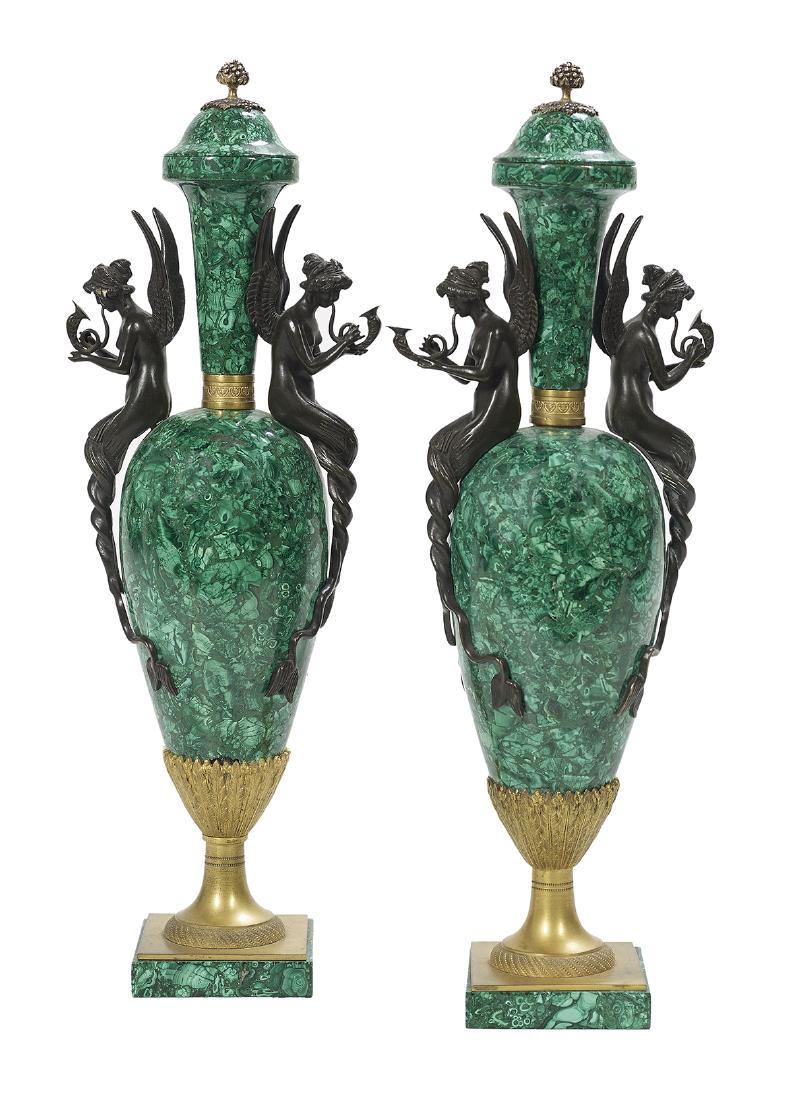 Pair of Malachite and Bronze Urns (1 of 2)