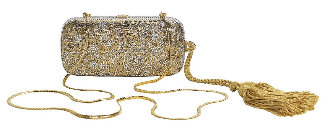 Vintage Judith Leiber Jeweled Minaudiere: Vintage Judith Leiber Embossed and Jeweled Gold Minaudiere probably late 1980s, with drop-in chain and push tab closure, both sides floral- and scroll-embossed with crystal highlights and encircling c