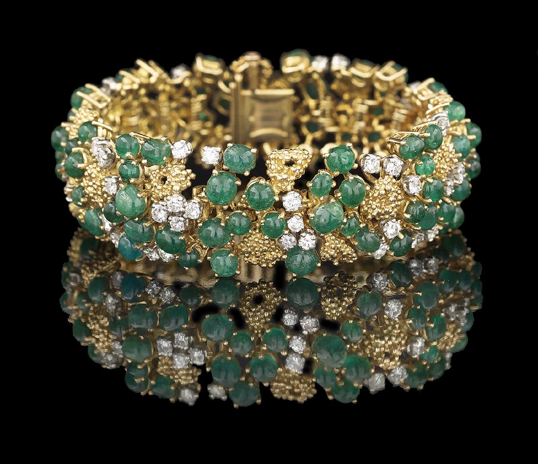 Emerald and Diamond Bracelet: Emerald and Diamond Bracelet 18k yellow gold, the bracelet mounted with cabochon-cut treated emeralds weighing approximately 25.37 carats in total, and round brilliant-cut diamonds weighing approximat