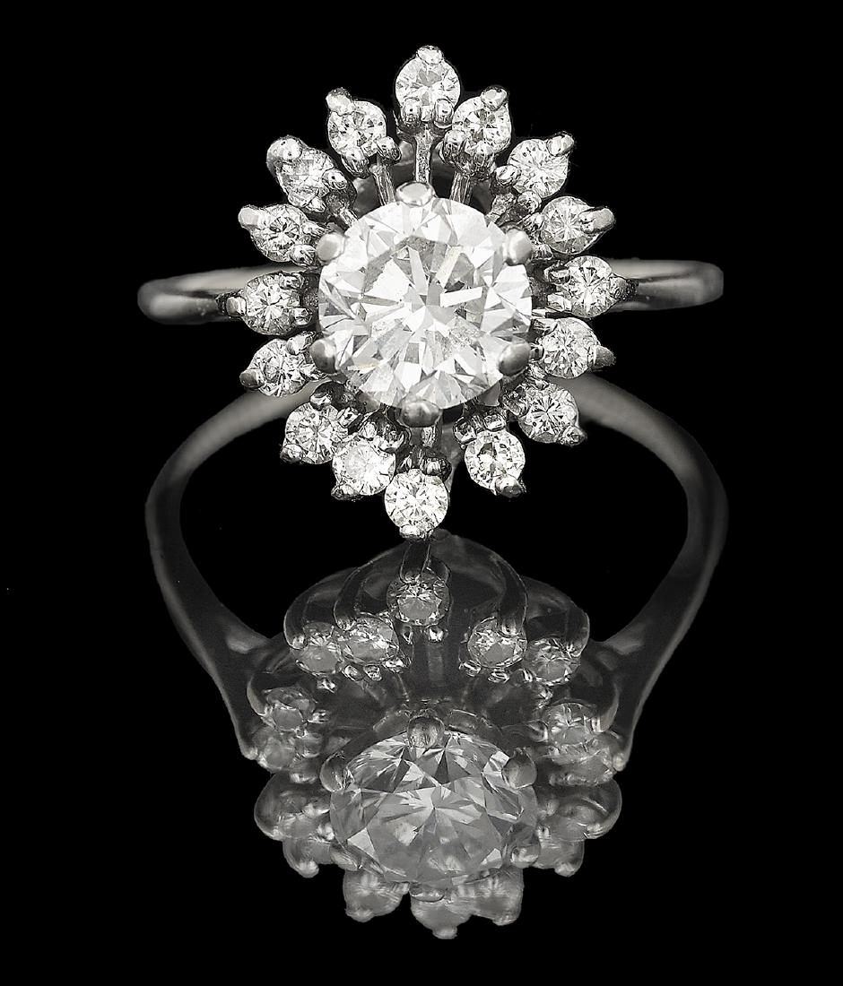 Diamond Ring: Diamond Ring 14k yellow gold, the ring mounted with a round brilliant-cut diamond weighing approximately 0.93 carats, approximate color G and clarity VS1, surrounded by round brilliant-cut diamonds we