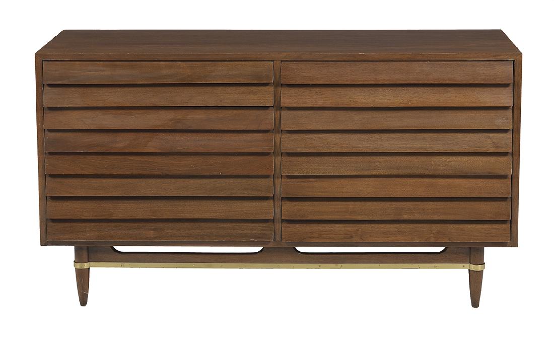 Mid-Century Modern Walnut Credenza/Dresser: Mid-Century Modern Walnut Credenza/Dresser ca. 1950, attributed to Merton Gershun for American of Martinsville, the front fitted with six louvered drawers and raised on tapering turned legs connected 
