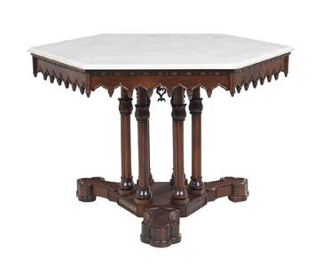 Important American Gothic Revival Center Table: Important American Gothic Revival Rosewood and Marble-Top Center Table ca. 1840-1850, attributed to the workshop of Alexander Roux, New York, after a design by Alexander Jackson Davis, retaining its o