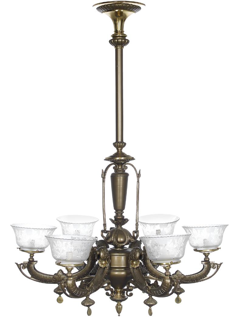 American Renaissance Revival Metal Gasolier: American Renaissance Revival Brass and Patinated Metal Gasolier third quarter 19th century, the molded standard decorated with anthemia, the lower portion set with bateau-form gas arms, molded with an